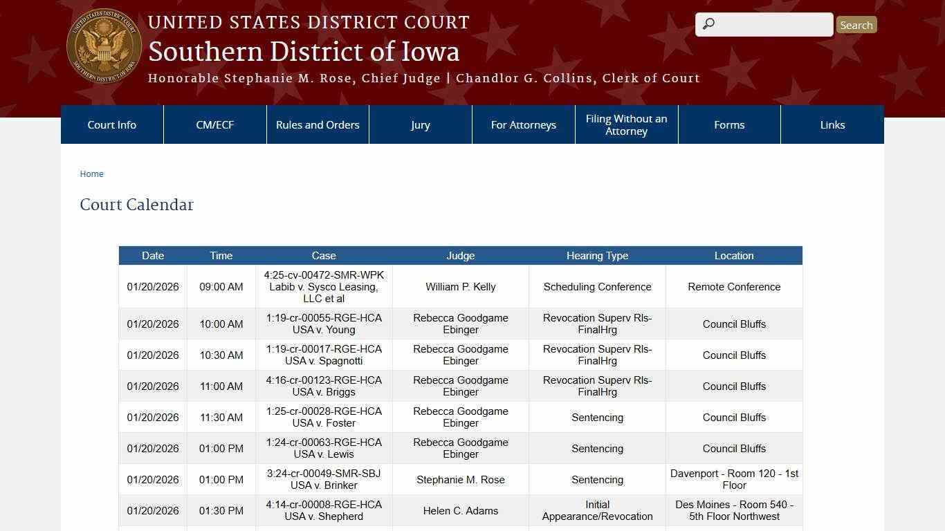 Court Calendar | Southern District of Iowa | United States District Court