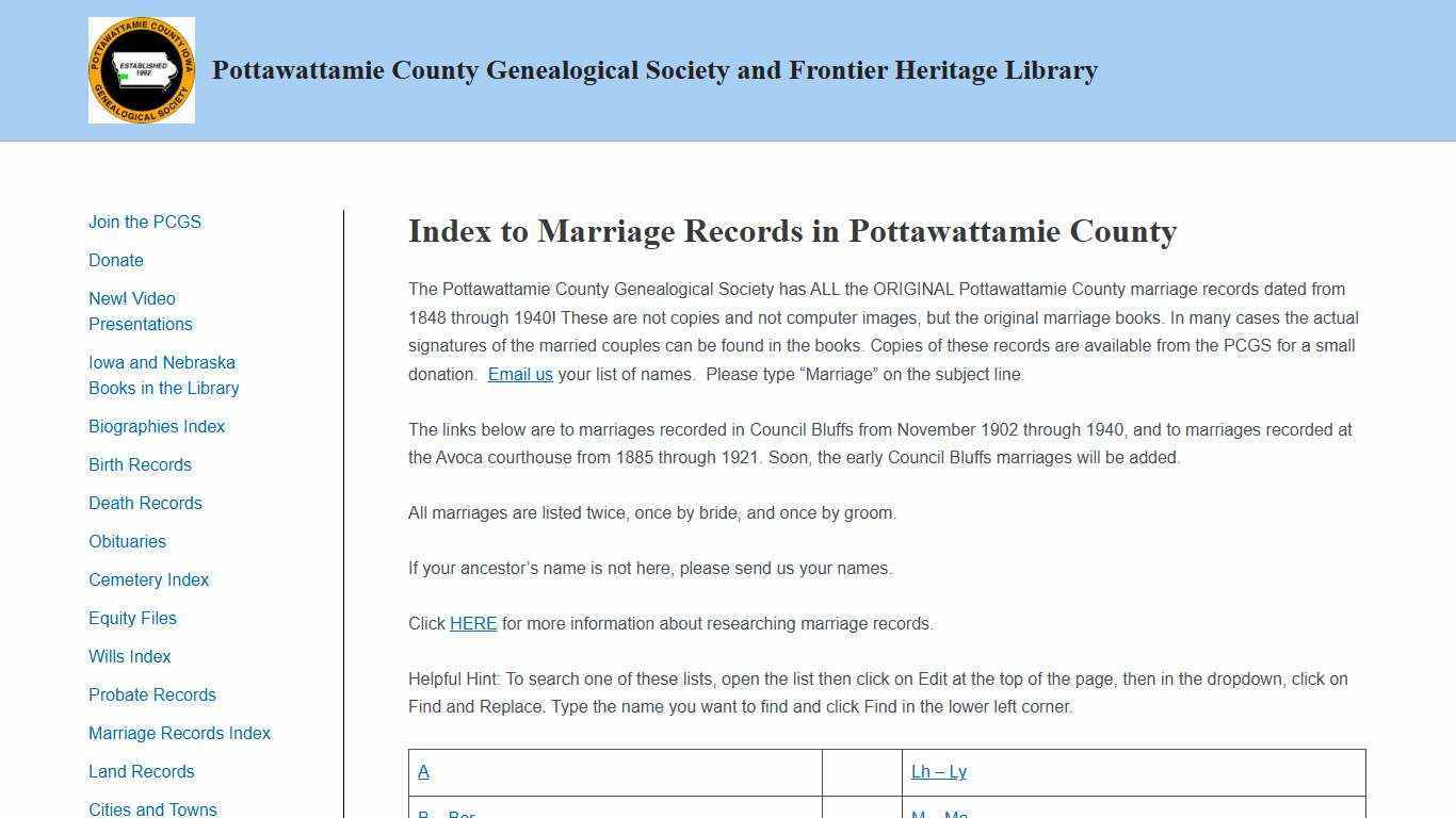 Index to Marriage Records in Pottawattamie County – Pottawattamie County Genealogical Society and Frontier Heritage Library